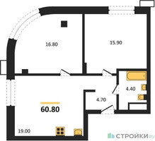 Планировка двухкомнатной(квартира) площадью 60.8 квадратных метров в “ЖК Резиденции Сколково”