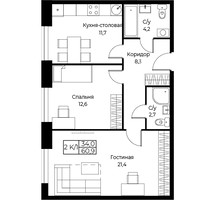 Планировка двухкомнатной(апартаменты) площадью 61 квадратных метров в “ЖК Апарт-комплекс AIST RESIDENCE (Аист Резиденс)”