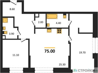 Планировка двухкомнатной(квартира) площадью 75 квадратных метров в ЖК “ЖК Ренессанс”