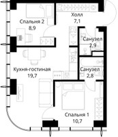 Планировка двухкомнатной(квартира) площадью 52.1 квадратных метров в “ЖК Сити Бэй”