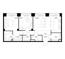 Планировка двухкомнатной(квартира) площадью 74.61 квадратных метров в ЖК “ЖК НОВА”