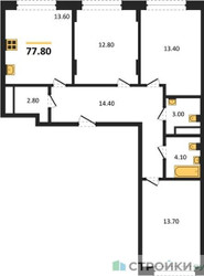 Планировка трехкомнатной(квартира) площадью 77.8 квадратных метров в ЖК “ЖК Переделкино Ближнее”