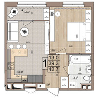 Планировка однокомнатной(квартира) площадью 42.7 квадратных метров в “ЖК Гранд Комфорт”
