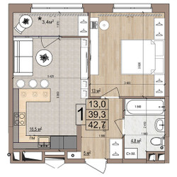 Планировка однокомнатной(квартира) площадью 42.7 квадратных метров в ЖК “ЖК Гранд Комфорт”