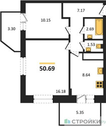Планировка двухкомнатной(квартира) площадью 50.69 квадратных метров в ЖК “ЖК ВОСТОК II”