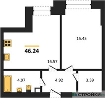 Планировка однокомнатной(квартира) площадью 46.24 квадратных метров в “ЖК Sezar City (Сезар Сити)”