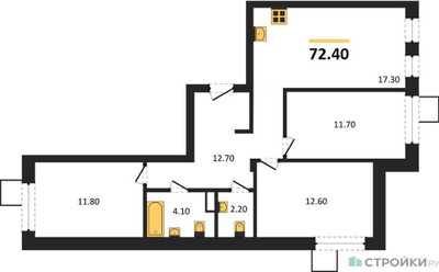 Планировка трехкомнатной(квартира) площадью 72.4 квадратных метров в ЖК “ЖК Никольский квартал Отрада”