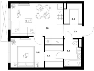 Планировка однокомнатной(квартира) площадью 41.8 квадратных метров в ЖК “ЖК Кавказский бульвар 51”