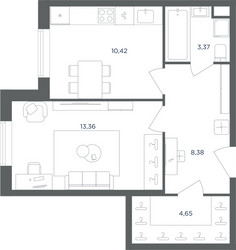 Планировка однокомнатной(квартира) площадью 40.1 квадратных метров в ЖК “ЖК Равновесие”