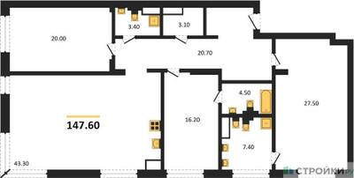 Планировка трехкомнатной(квартира) площадью 147.6 квадратных метров в ЖК “ЖК Vnukovo Country Club (Внуково Кантри Клаб)”
