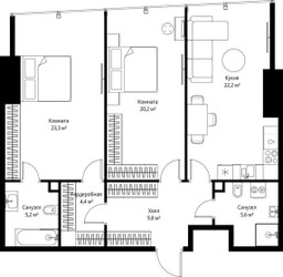 Планировка двухкомнатной(квартира) площадью 90.7 квадратных метров в ЖК “ЖК ОНЕ”