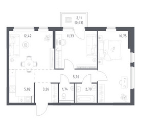 Планировка двухкомнатной(квартира) площадью 60.5 квадратных метров в ЖК “ЖК Пригород Лесное”