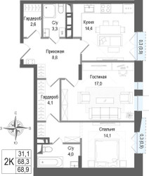 Планировка двухкомнатной(квартира) площадью 68.3 квадратных метров в ЖК “ЖК КИНОКВАРТАЛ”