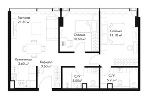 Планировка двухкомнатной(квартира) площадью 63.9 квадратных метров в “ЖК Слава”