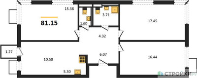 Планировка трехкомнатной(квартира) площадью 81.15 квадратных метров в ЖК “ЖК Мытищи Парк”
