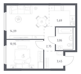 Планировка однокомнатной(квартира) площадью 40.79 квадратных метров в ЖК “ЖК Пригород Лесное”
