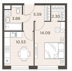 Планировка однокомнатной(квартира) площадью 36.39 квадратных метров в ЖК “ЖК Одинград”