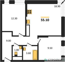 Планировка двухкомнатной(квартира) площадью 55.1 квадратных метров в “ЖК Первый Московский”