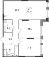 Планировка двухкомнатной(квартира) площадью 61.2 квадратных метров в “ЖК Первый Московский”