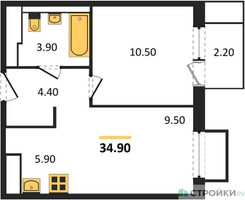 Планировка однокомнатной(квартира) площадью 34.9 квадратных метров в “ЖК Мытищи Парк”