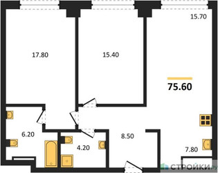 Планировка двухкомнатной(квартира) площадью 75.6 квадратных метров в ЖК “ЖК Very (Вери)”