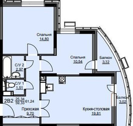 Планировка двухкомнатной(квартира) площадью 62.2 квадратных метров в ЖК “ЖК Соболевка”