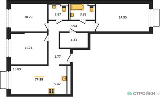 Планировка трехкомнатной(квартира) площадью 74.98 квадратных метров в “ЖК Пригород Лесное”