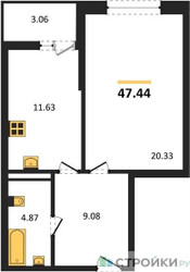 Планировка однокомнатной(квартира) площадью 47.44 квадратных метров в ЖК “ЖК Riga Hills (Рига Хиллс)”