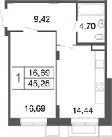 Планировка однокомнатной(квартира) площадью 45.2 квадратных метров в “ЖК Времена года”