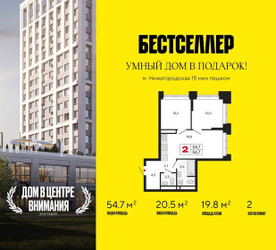 Планировка двухкомнатной(квартира) площадью 54.7 квадратных метров в ЖК “ЖК Бестселлер”