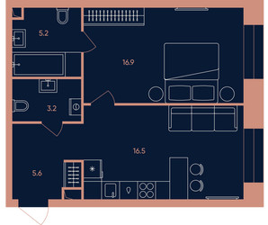 Планировка двухкомнатной(квартира) площадью 47.4 квадратных метров в ЖК “ЖК Era (Эра)”