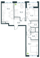 Планировка трехкомнатной(квартира) площадью 74.2 квадратных метров в “ЖК Level Лесной”