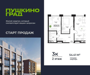 Планировка трехкомнатной(квартира) площадью 54.41 квадратных метров в ЖК “ЖК Пушкино Град”