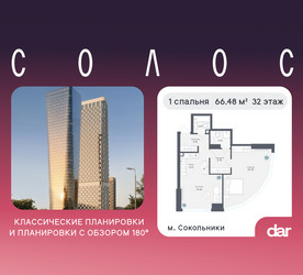 Планировка однокомнатной(квартира) площадью 66.48 квадратных метров в ЖК “ЖК Солос”