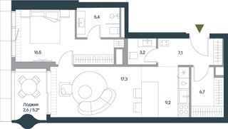 Планировка двухкомнатной(квартира) площадью 68 квадратных метров в “ЖК Springs (Спрингс)”