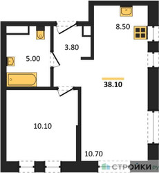 Планировка однокомнатной(квартира) площадью 38.1 квадратных метров в ЖК “ЖК Квартал на воде (Графика на воде)”
