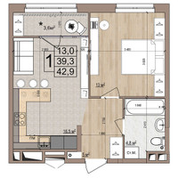Планировка однокомнатной(квартира) площадью 42.9 квадратных метров в “ЖК Гранд Комфорт”