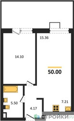 Планировка однокомнатной(квартира) площадью 50 квадратных метров в ЖК “ЖК UNO Соколиная гора”