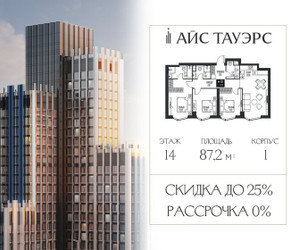 Планировка трехкомнатной(квартира) площадью 87.2 квадратных метров в ЖК “ЖК Айс Тауэрс”