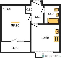 Планировка однокомнатной(квартира) площадью 33.9 квадратных метров в “ЖК Первый Лермонтовский”