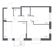 Планировка двухкомнатной(квартира) площадью 57.52 квадратных метров в “ЖК Новое Внуково”
