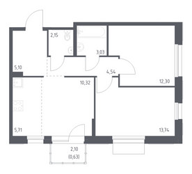 Планировка двухкомнатной(квартира) площадью 57.52 квадратных метров в ЖК “ЖК Новое Внуково”