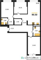 Планировка трехкомнатной(квартира) площадью 90.5 квадратных метров в “ЖК Первый квартал”