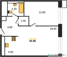 Планировка однокомнатной(апартаменты) площадью 45 квадратных метров в “ЖК Верейская 41”