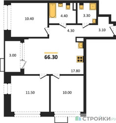 Планировка трехкомнатной(квартира) площадью 66.3 квадратных метров в ЖК “ЖК Прокшино”