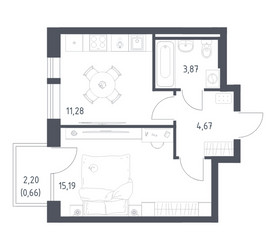 Планировка однокомнатной(квартира) площадью 35.67 квадратных метров в ЖК “ЖК Квартал Авиаторов”