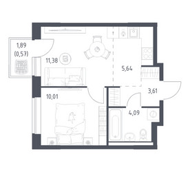 Планировка однокомнатной(квартира) площадью 35.3 квадратных метров в ЖК “ЖК Новое Видное”