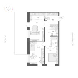 Планировка двухкомнатной(квартира) площадью 67.9 квадратных метров в ЖК “ЖК АРТЕЛЬ”