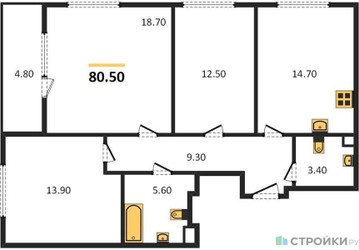 Планировка трехкомнатной(квартира) площадью 80.5 квадратных метров в “ЖК Новое Медведково”