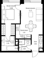 Планировка однокомнатной(квартира) площадью 44.38 квадратных метров в “ЖК Сити Бэй”